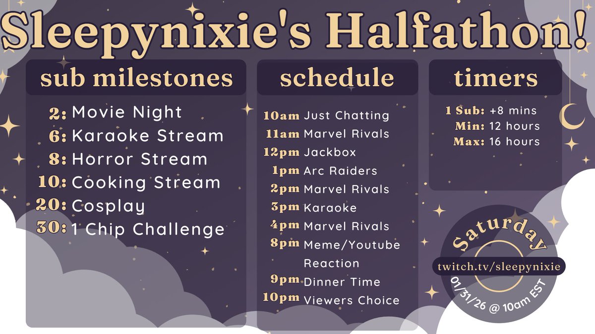 ttvsleepynixie's tweet photo. My next Halfathon is on Saturday, January 31st, starting at 10:00 am EST! https://t.co/kb2sEMmNcN