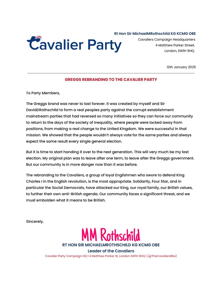 Statement regarding the deregistration of the Unionist Party &amp; the official rebranding of the Greggs Party.