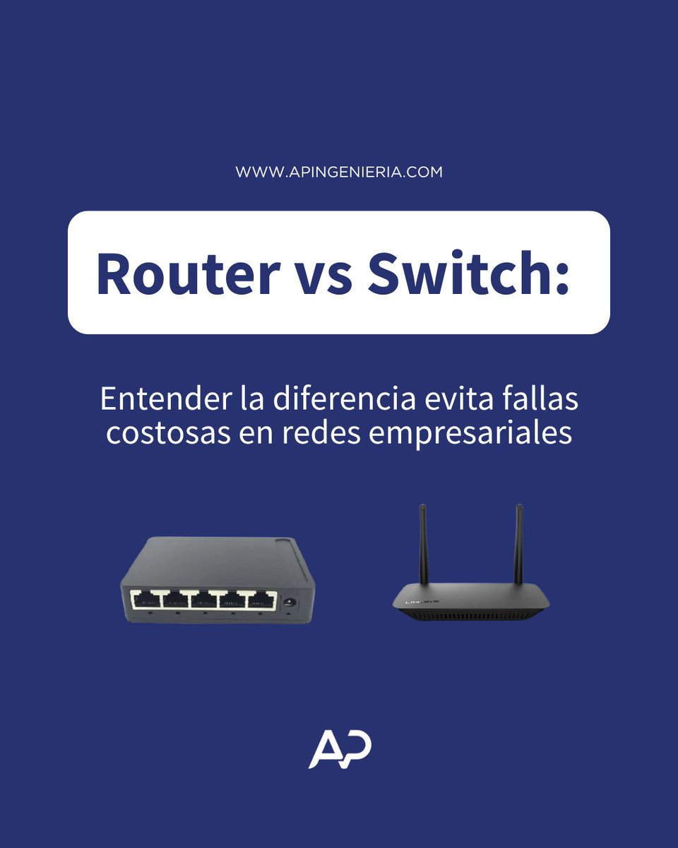 Router vs Switch: entender la diferencia evita fallas costosas en redes empresariales  En AP INGENIERÍA diseñamos redes alineadas a la operación del negocio, no soluciones genéricas.  📩 info@apingenieria.com #Ingeniería #RedesCorporativas #TI #SeguridadDeRed #APIngeniería