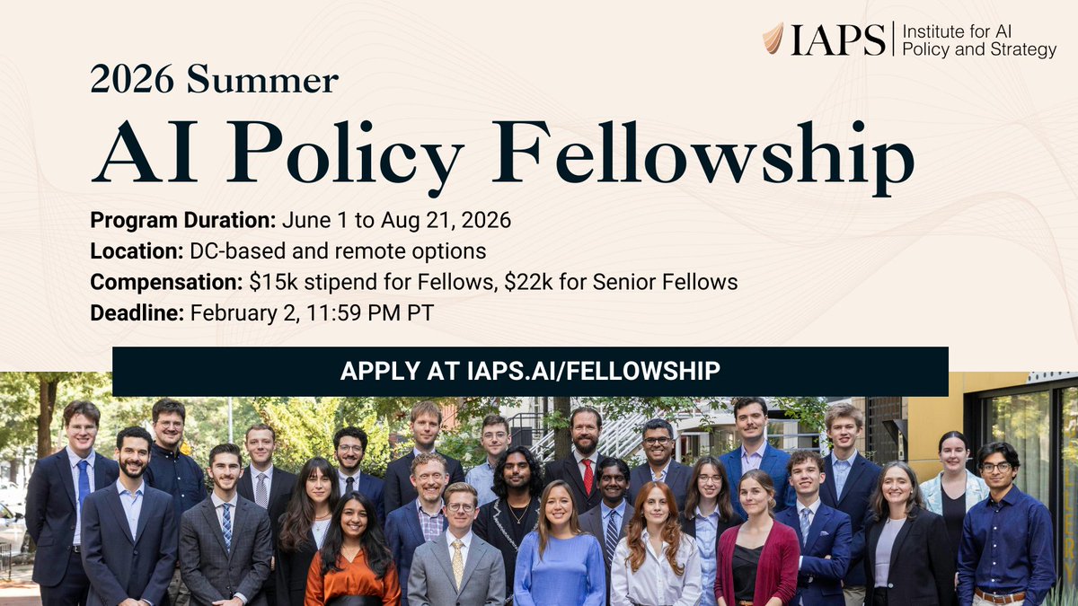 iapsAI's tweet image. Applications are open for the IAPS AI Policy Fellowship! 

3 months, fully funded, remote or DC. This is your opportunity to work with leading AI policy experts on research projects meant to secure a positive future in a world with powerful AI. 

Apply by Feb 2 at the link in the…