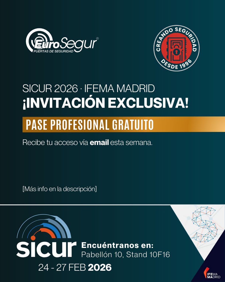 Eurosegur's tweet photo. ¿Vienes a #SICUR2026? 🛡️ En nuestro 30 aniversario, invitamos a nuestros distribuidores a la gran cita del sector.

📩 Esta semana recibiréis el pase gratuito en vuestro email.

¿Eres profesional y quieres la tuya? 📧 info@eurosegur.com

📍 Pabellón 10 - Stand 10F16 #Eurosegur30 https://t.co/7Aub2De7GK