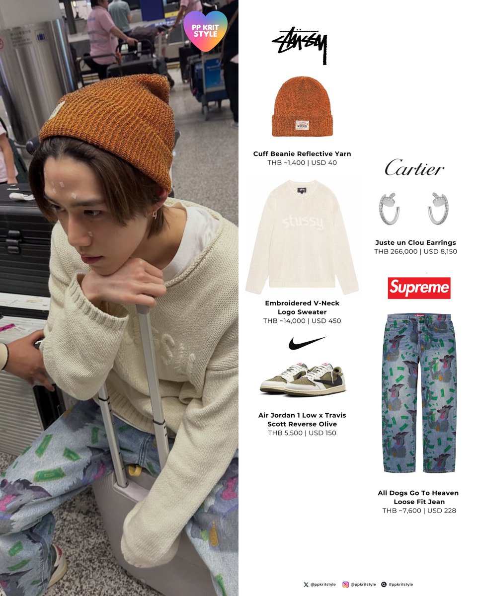 ppkritt 260112 IG update 🌹 #Stussy Cuff Beanie Reflective Yarn,  Embroidered V Neck Logo Sweater #Cartier Juste un Clou Earrings #Nike Air  Jordan 1 Low x Travis Scott Reverse Olive #Supreme