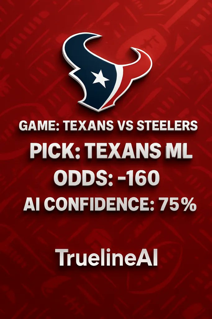 TrueLineAI's tweet photo. 🚨 PLAY OF THE DAY 🚨

The algorithm has spoken. We’ve got a massive edge on today’s matchup with high confidence.

Matchup: Texans vs. Steelers ✅ Pick: Texans ML (-160) AI Confidence: 75%
Lock it in. Let’s keep the green streak alive. 💰📈
#sportsbettingpicks   #NFLPlayoffs https://t.co/TUzb2nrdEB
