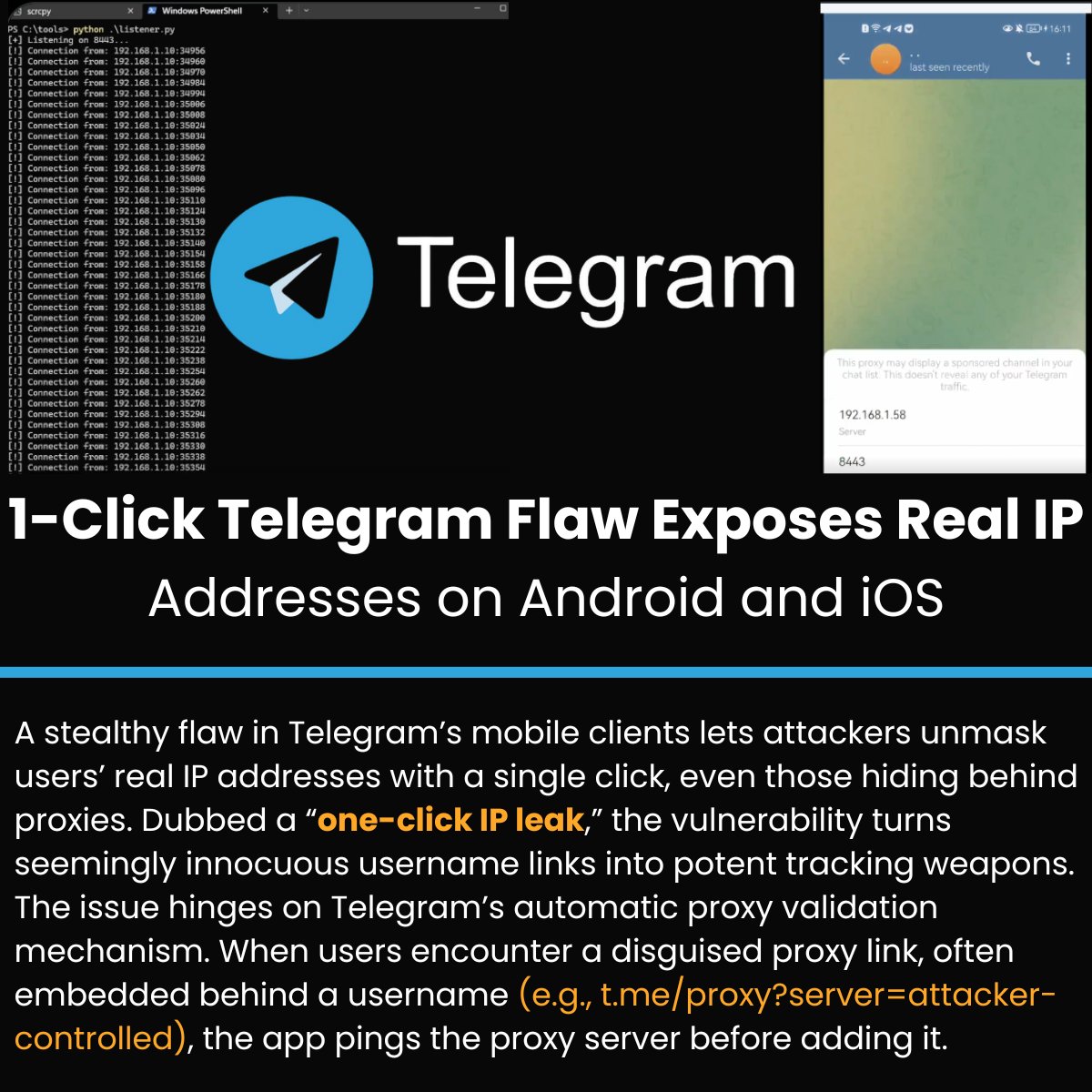 🚨 One-Click Telegram Flaw Exposes Real IP Addresses 

Source: cybersecuritynews.com/one-click-tele…

A stealthy flaw in Telegram’s mobile clients that lets attackers unmask users’ real IP addresses with a single click, even those hiding behind proxies.

Dubbed a “one-click IP leak,” the