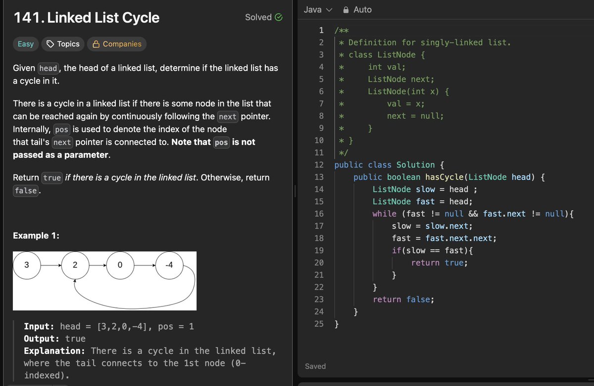 DJkomio's tweet photo. Here is the Java implementation for LeetCode #141 (Linked List Cycle). https://t.co/Y8okYbxdNp