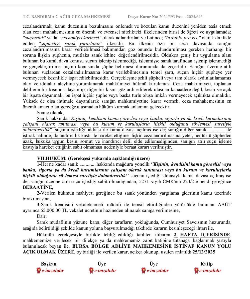 avasikar34's tweet photo. Değerli arkadaşlar, geçen gün bahsettiğim TCK 158/1-f nitelikli dolandırıcılık suçundan ilk derece mahkemesinde savcının ceza istemine rağmen savunmalarımız da gözetilerek Beraat eden müvekkilin dosyasında gerekçeli karar hazırlandı. İlgili kısımları paylaşıyorum, faydalı olmasını diliyorum 🙏📌 

Yerel mahkeme gerekçesini "Sanığın yargılamanın en başından itibaren dolandırıcılık suçunu işlemediği ve gelen paradan haberinin olmadığı yönündeki ısrarlı savunması, UYAP üzerinden alınan adli sicil kaydının incelenmesinde sanık hakkında adli sicil ve arşiv kaydının bulunmaması, alışılagelmiş dolandırıcılık eylemlerinde olduğu gibi sanık hakkında yapılan UYAP sorgusunda sanığın benzer suçlardan yargılandığı birçok soruşturma veya kovuşturma dosyasının bulunmaması, katılanın iradesini fesada uğratmak maksadıyla katılanı arayarak banka çalışanı olduğunu beyan eden kişinin sanık olduğuna ilişkin dosya arasında somut, kesin her türlü şüpheden uzak bir delilin bulunmaması karşısında söz konusu sanığa ait hususunda mahkememizde şüphe hasıl olmuştur" şeklinde açıklamıştır.