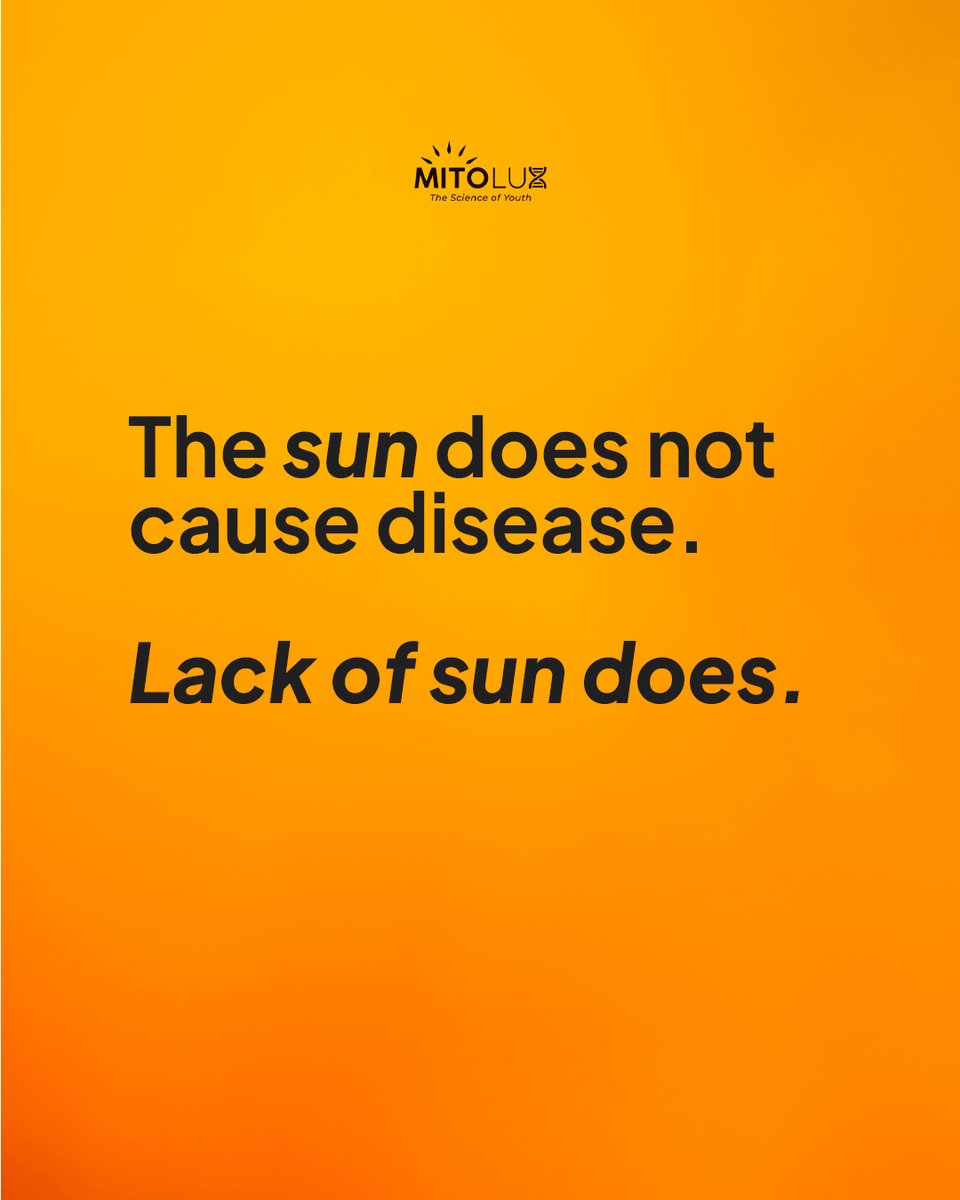 mitoluxusa's tweet photo. We were taught to fear the sun.
But biology tells a different story.

The sun doesn’t create disease.
Disconnection from sunlight does.

Your cells rely on specific wavelengths to regulate energy, hormones, mood, and circadian rhythm.

#uvb #vitamind #sun #health #mitolux https://t.co/knyJ8OKyAy