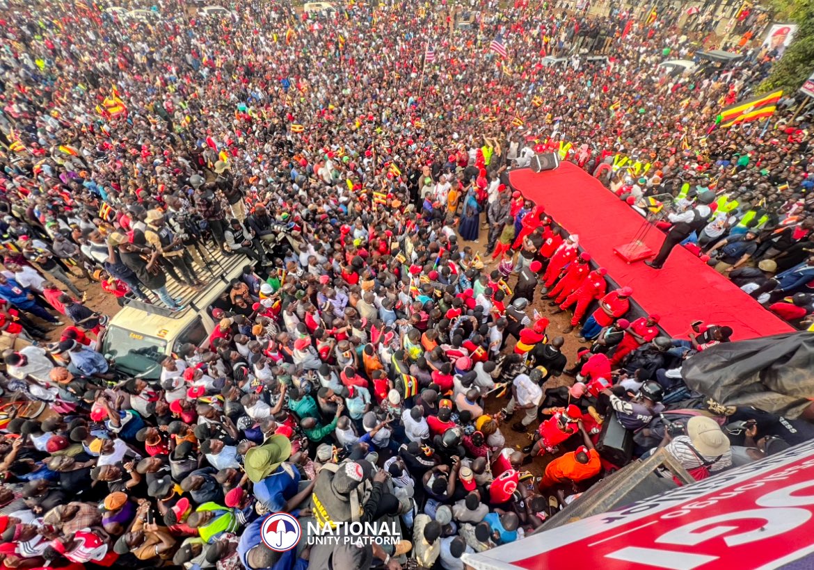 HEBobiwine's tweet photo. They did all sorts of things to bar us from getting to our only venue that we had been granted. The usual tear gas shots, arrests and impounding of Boda Bodas belonging to our supporters but still, the conviction of our masses was not fully suppressed. We were able to gather at the Aga Khan grounds where we made our last minute call to our people as we wind up our campaign trail. We called on them to go to their respective polling stations on Thursday and cast their votes in favor of the umbrella symbol. The regime may again continue to deploy their intimidation tactics to the last day, but we must remain peaceful and resilient. The vote is our only weapon that we must cast and jealously defend.
#ANewUgandaNow 
#ProtestVote2026
#PeoplePowerOurPower