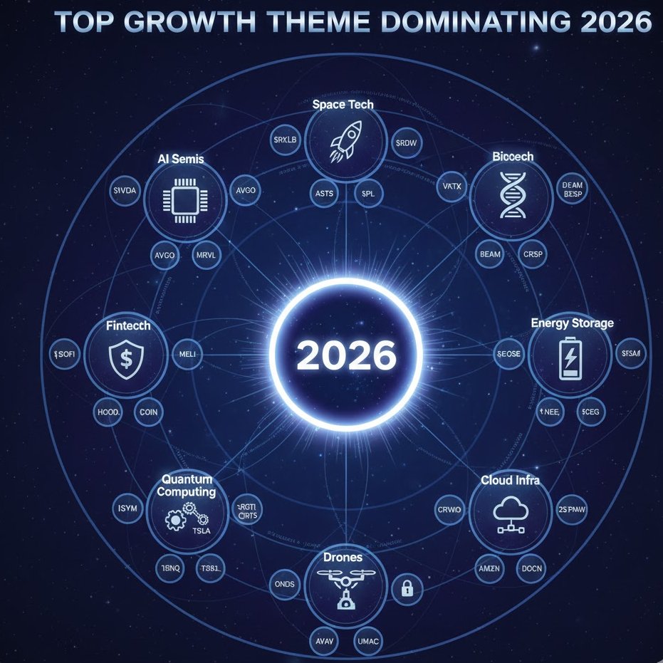 TheRonnieVShow's tweet image. TOP GROWTH THEMES DOMINATING 2026

• AI Semis | $NVDA, $AMD, $AVGO, $MRVL
• Space Tech | $RKLB, $ASTS, $PL, $RDW
• Biotech | $VKTX, $CLPT, $BEAM, $CRSP
• Fintech | $SOFI, $HOOD, $MELI, $COIN
• Energy Storage | $EOSE, $TSLA, $NEE, $CEG
• Quantum Computing | $IONQ, $RGTI,…