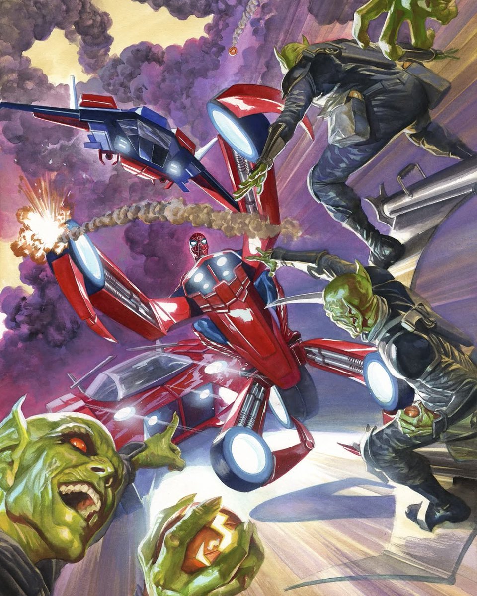 Spidey_pte's tweet image. It’s funny how Alex Ross is supposedly such a DC purist that he avoids drawing anything that isn't his preferred version of DCU

Yet with Marvel, he'll paint Spider-Man piloting a robot, fighting a swarm of Green Goblins, with the Spider-Plane and Spider-Mobile in the background