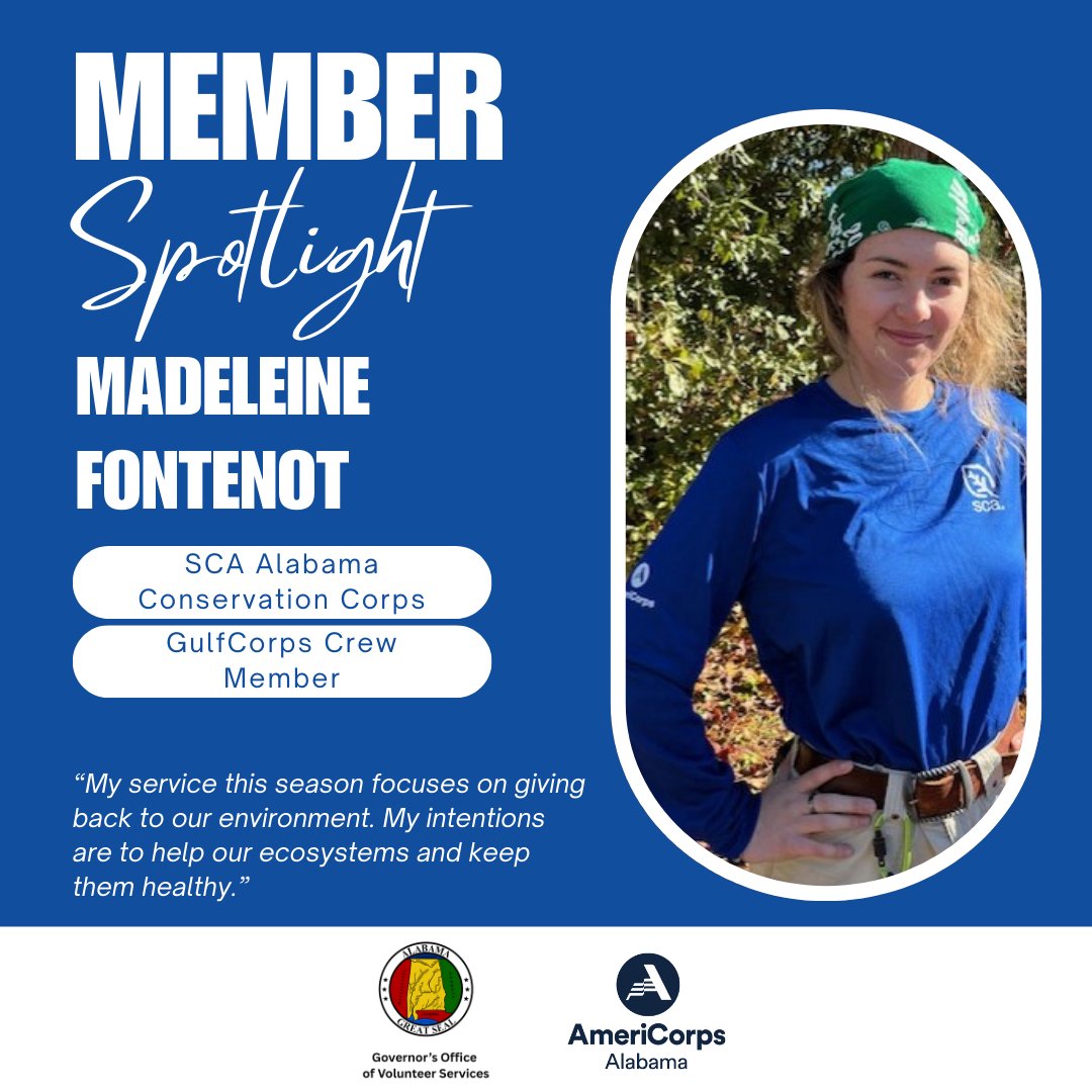 ServeAlabama's tweet image. Happy Spotlight Monday! We would like to recognize the Student Conservation Association member Madeleine Fontenot for all your service! Thank you for your service! #getthingsdone #SCA #ServeAlabama #AlabamaAmeriCorps