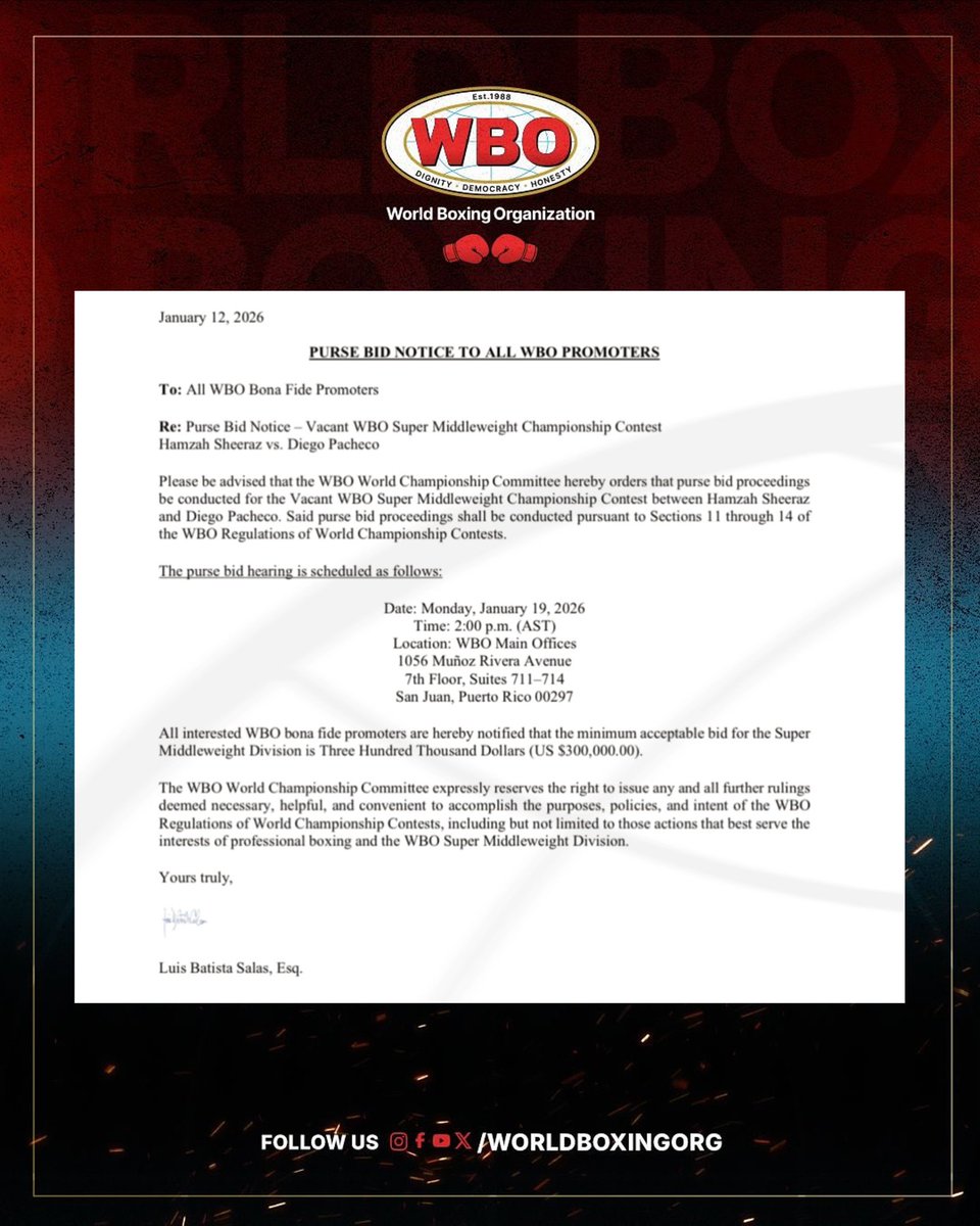 WorldBoxingOrg's tweet image. 🚨 Official WBO purse bid notice for the vacant Super Middleweight Championship.