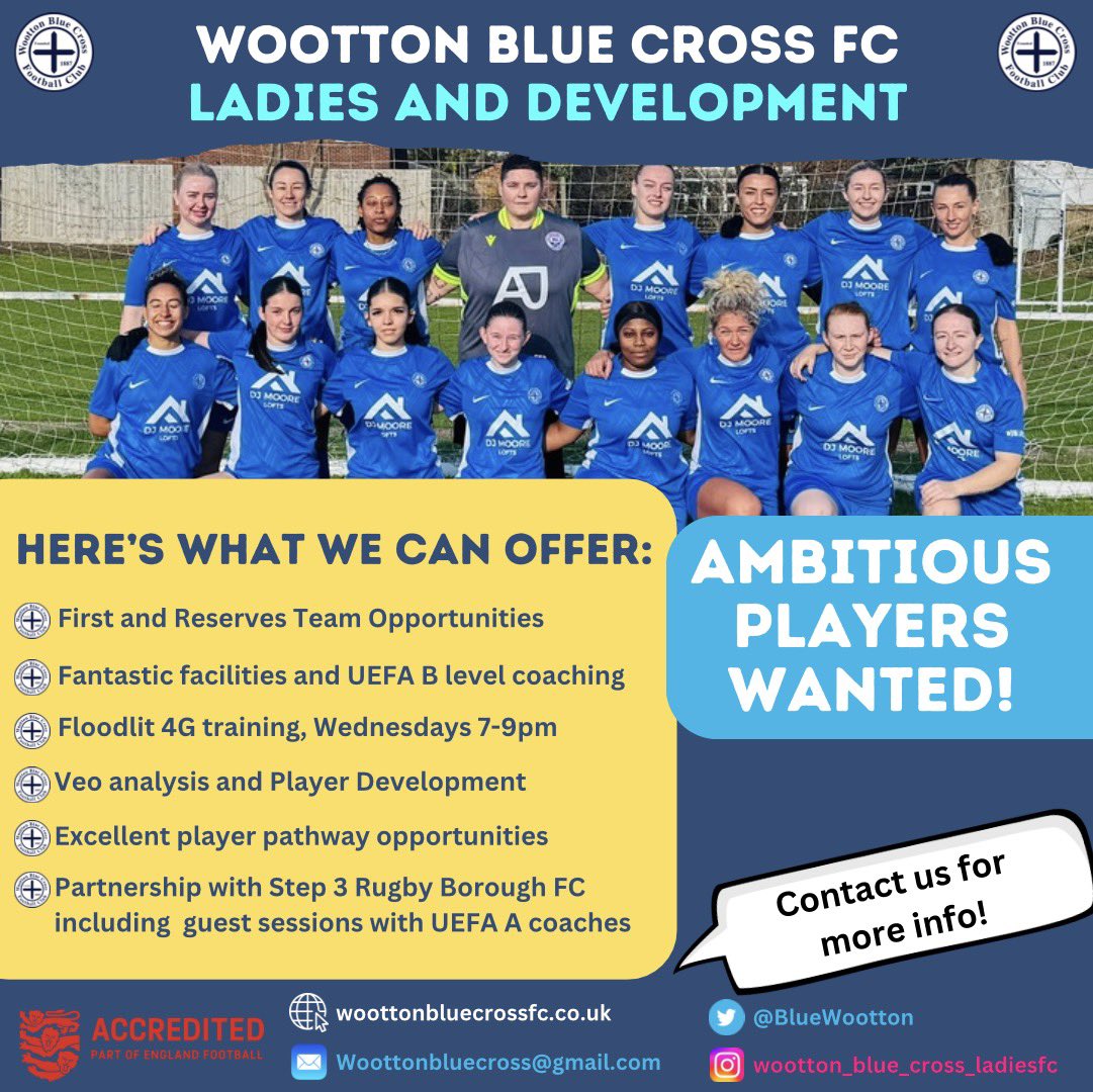 New Year, New You?

Any #Bedfordshire, #Bucks or North #Herts based female players looking for a change of scenery and a fresh challenge in #WomensFootball, at a club that is building and always looking to improve?

Get in touch please 🔵✖️

<a href="/BHWGFL/">Bed's & Hert's Womens Football League</a> <a href="/CambsFA/">Cambridgeshire FA</a> <a href="/ThisGirlCanUK/">This Girl Can</a>