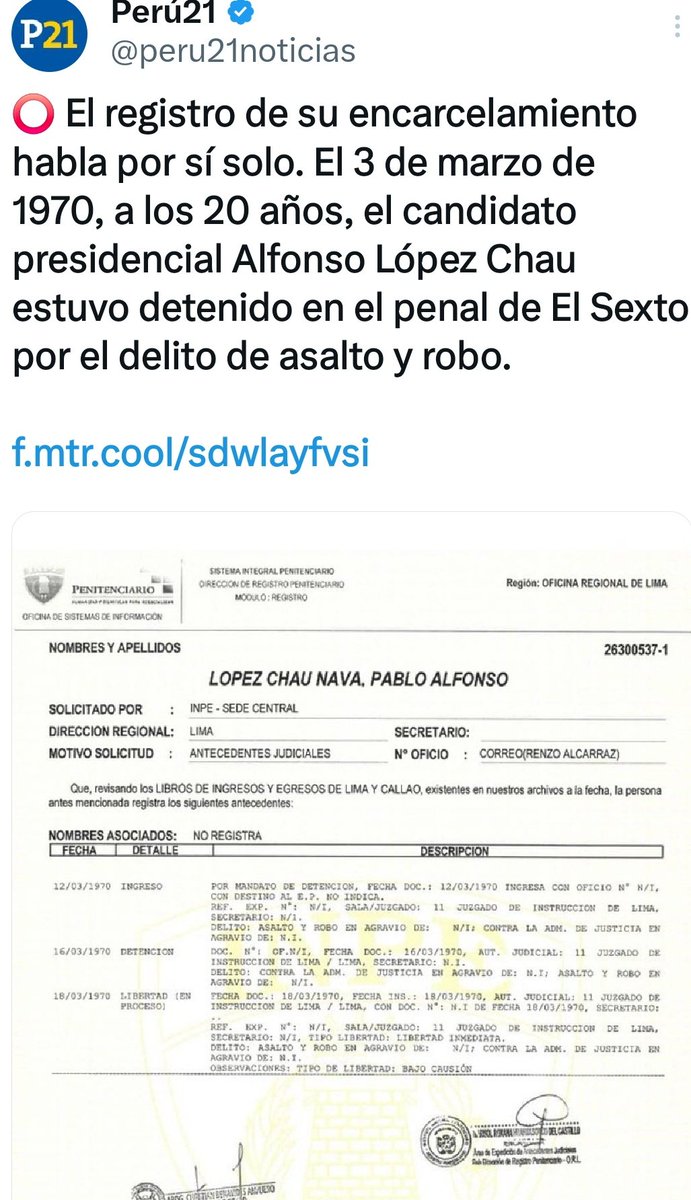 EL CANDIDATO LOPEZ CHAU ESTUVO PRESO POR ASALTO Y ROBO, SEGÚN DOCUMENTO DEL INPE