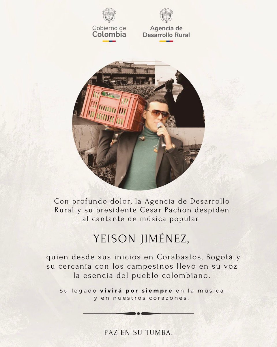 ADR_Colombia's tweet photo. Hoy despedimos con profundo respeto y tristeza a Yeison Jiménez, una voz que nació desde el trabajo humilde, caminó junto al pueblo y nunca olvidó sus raíces campesinas. https://t.co/dcudw794hA