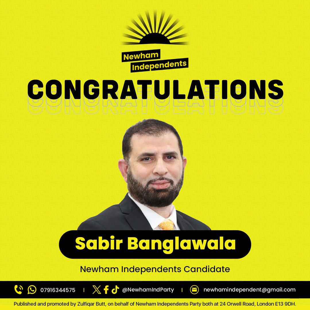 NewhamIndParty's tweet image. 🎉Congratulations to Sabir Banglawala on being selected as a Newham Independents councillor candidate for the May 2026 local elections.
Wishing you every success on this exciting journey!

#NewhamIndependents #LocalDemocracy #TeamNewham
