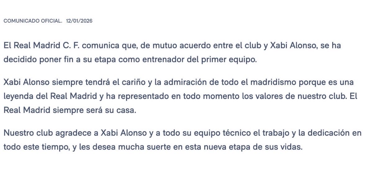 tonycherchi's tweet photo. 🚨PUUUM 💣 

Xabi Alonso FUERA DEL REAL MADRID. 

Escueto comunicado del club. 

Se puede resumir en:
"Gracias, eres una leyenda del club, te queremos mucho, pero esto no está funcionando" 

DURO. 
Aquí el comunicado textual 👇🏼 https://t.co/bEQLP8y4PC