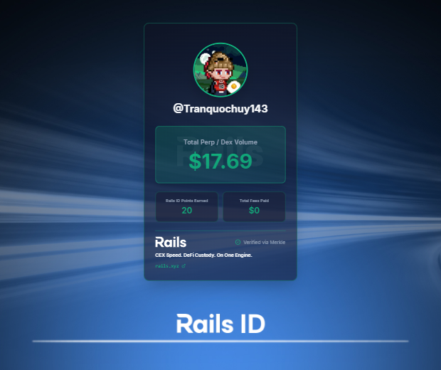 Claimed my Rails ID. 20 Rails ID Points already locked in from my 17.69 total DEX volume.

The next step is starting an evaluation on Rails Play, the newest perps training ground from <a href="/rails_xyz/">Rails</a>, to earn boosted rewards.

Get your Rails ID: quest.rails.xyz/onboard?r=Tran…