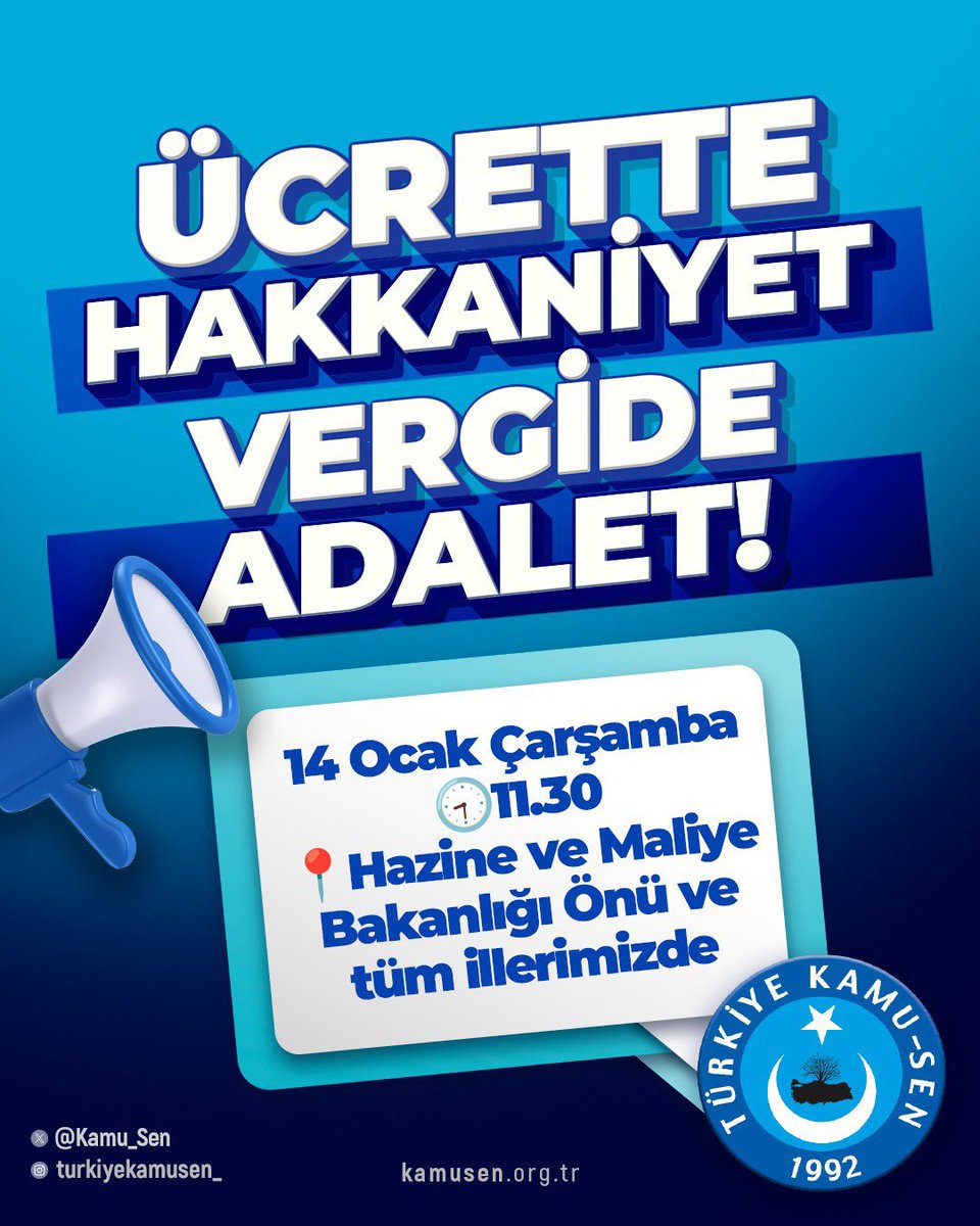 “ÜCRETTE HAKKANİYET, VERGİDE ADALET”
talebimizi bir kez daha yinelemek ve kamu görevlilerimizin beklentilerini dile getirmek üzere Türkiye Kamu-Sen olarak;

📅14 Ocak Çarşamba 
⏰11:30’da
📍Hazine ve Maliye Bakanlığı önünde, eş zamanlı olarak tüm illerimizde basın açıklaması