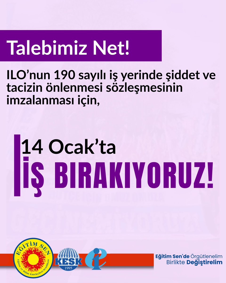 Sendikal_Haber's tweet photo. Şiddete, tacize, cezasızlığa karşı susmayacağız!
ILO 190 derhal imzalansın!
İşyerlerinde güvenli, eşit ve özgür yaşam için
14 Ocak’ta işi durduruyoruz — iş bırakıyoruz! ✊
#ILO190 #İşBırakıyoruz #KadınlarYaşayacak #KESK https://t.co/Tef1nPlmZF