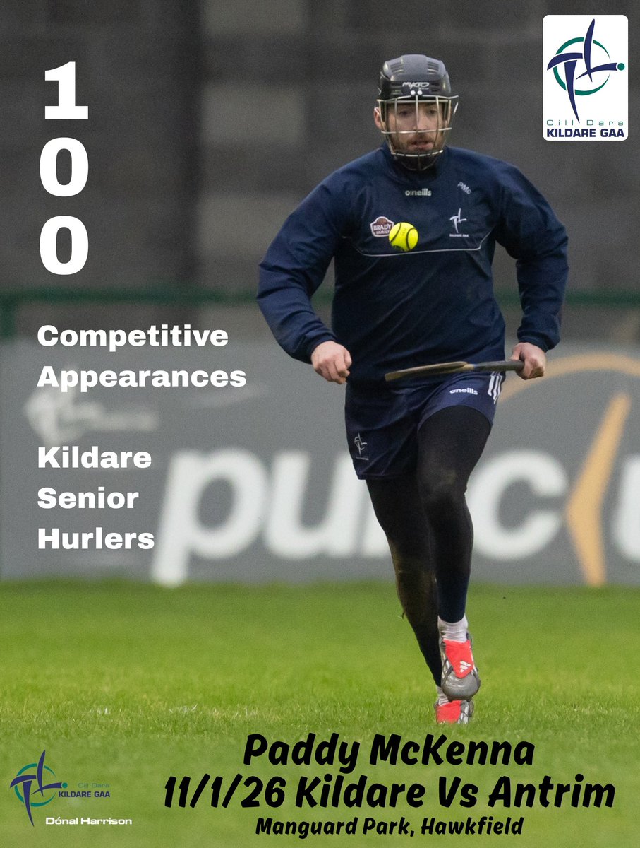 ClaneGAA's tweet image. A massive congratulations to Paddy McKenna on making his 100th competitive appearance for the @KildareGAA Senior Hurlers yesterday Vs Antrim. After a memorable 2025 for club &amp;amp; county it’s a great start to 2026 and all of us in Clane GAA are hugely proud of his achievements.