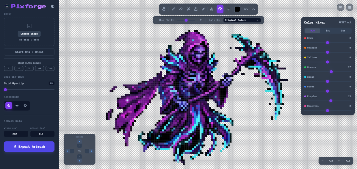 TZKStudios's tweet photo. Need pixel-perfect assets fast? 🚀

Pixforge converts AI outputs into clean sprites, then you can refine with wand/brush + palettes.

Watch the workflow 👇 
https://t.co/3W46uMdEeB 
#pixelart #pixforge https://t.co/HYtgd7teC7
