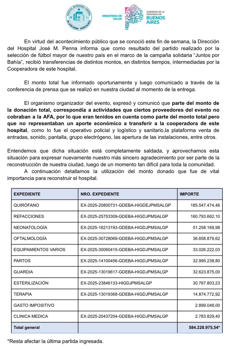 Comunicado sobre la campaña solidaria “Juntos por Bahía”.👇