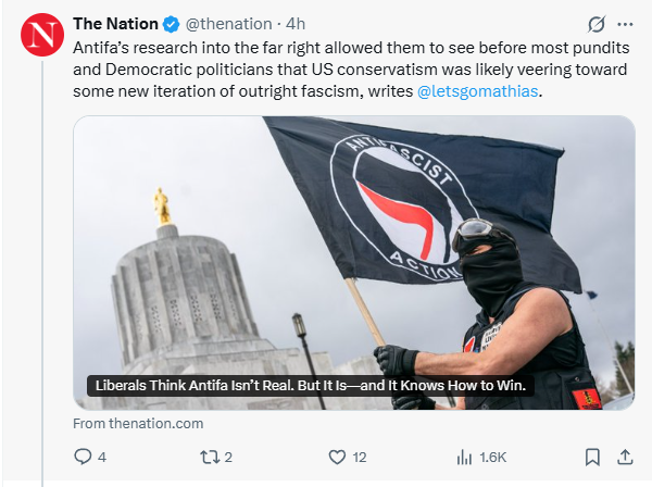 NatCon2022's tweet photo. The magazine @TheNation is now openly praising the violent terrorist group Antifa https://t.co/75tXwbNdSI