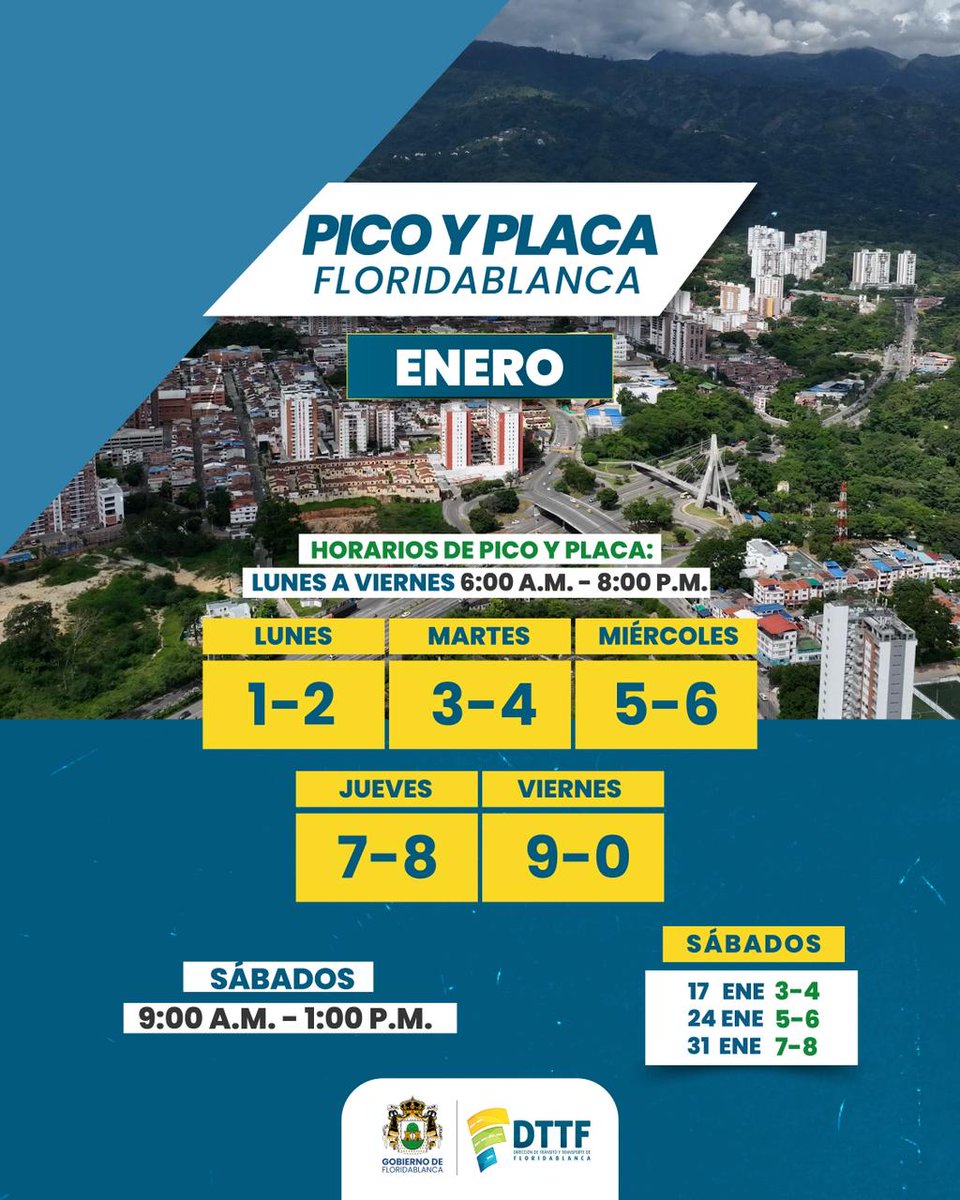¡Horario Pico y Placa!
 Floridablanca (mes de enero)
 Lunes a viernes: 6:00 a.m. a 8:00 p.m.
Sábados: 9:00 a.m. a 1:00 p.m.
📍 Se aplicará en todas las vías de la ciudad.
Desde mañana vuelve a regir la medida.