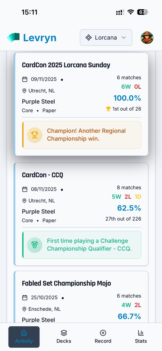 I’ve been building Levryn, a long-term performance tracker for competitive card games.

It helps log sessions, analyze patterns, and preserve your competitive history in multiple TCGs.

Built it for myself. Sharing it now with the community.
