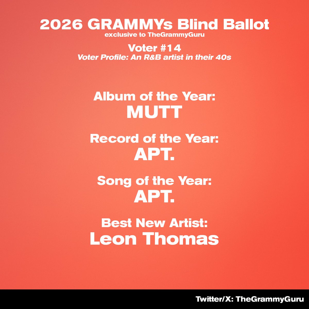 TheGrammyGuru's tweet image. 🚨 EXCLUSIVE: #GRAMMYs Blind Ballot #14

Follow us (@TheGrammyGuru) for all 23 EXCLUSIVE GRAMMYs blind ballots in the coming days!