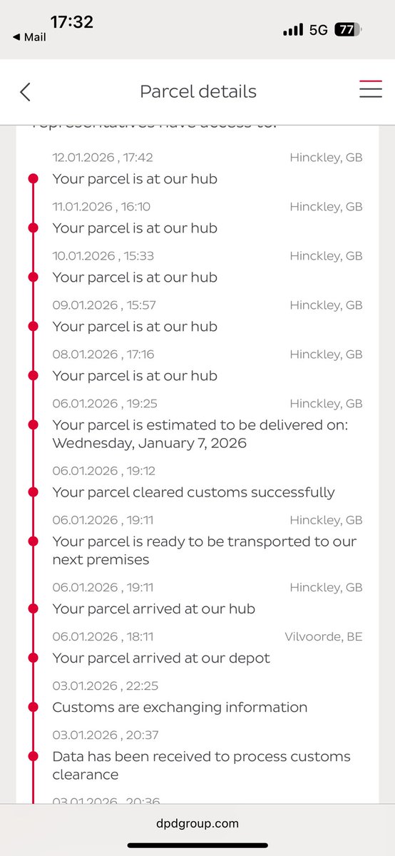 My parcel arrived in the Uk from <a href="/LEGO_Group/">LEGO</a> on the 6th Jan but due to the bad weather in Aberdeen I knew it would be delayed. But still not moved from hub.  Tried contacting DPD but now my tracking number is invalid!!! Any help is appreciated