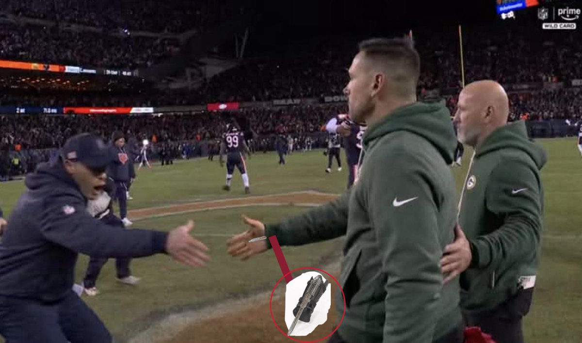 doulbedoink's tweet photo. BREAKING: Advanced analysis reveals the reason Ben Johnson shook Matt Lafleur’s hand so briskly; the Green Bay coach was concealing an Assassin’s hidden blade in his sleeve, which he planned to use to murder Johnson in a fit of chud incel rage https://t.co/uluyvLQ0jZ