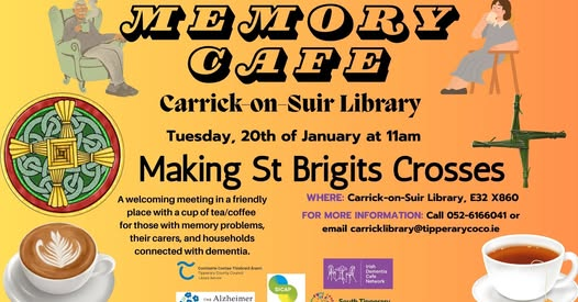 AontuTipperary's tweet photo. Carrick-on-Suir #Library welcomes those with #memoryproblems their carers for a cup of tea/coffee and making St. Briget's.
For more information drop in to the library, call us on 052 616 6041, or email us at carricklibrary@tipperarycoco.ie https://t.co/5N8p9769FZ