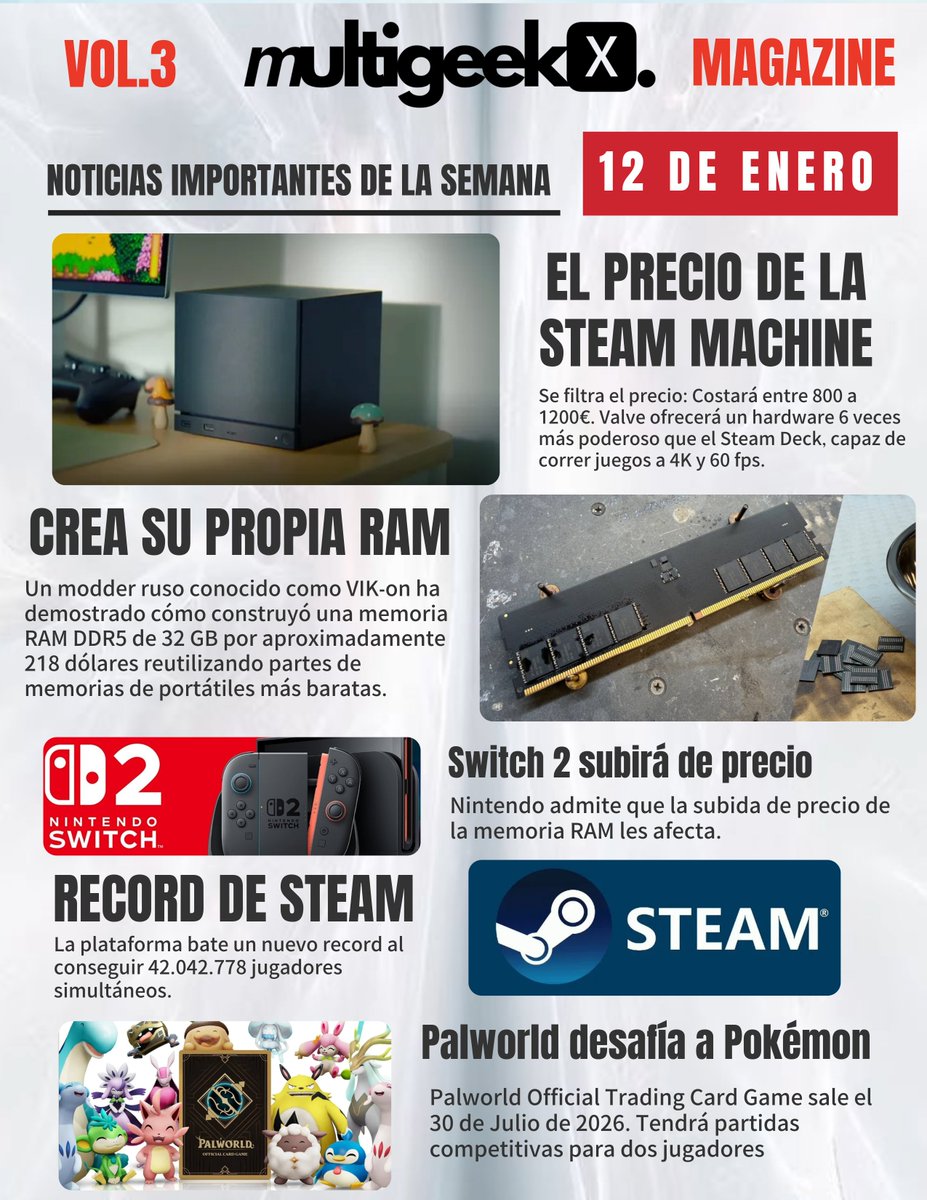 multigeekx's tweet photo. Se filtra el precio de la #Steam Machine, un Ruso crea su propia #RAM casera, #Switch 2 puede subir de precio, Steam consigue 42 millones de usuarios simultáneos, #Palworld lanzará un juego de cartas. Te traemos las noticias más destacadas de la semana. ☕️ https://t.co/Tkr5rO04NJ