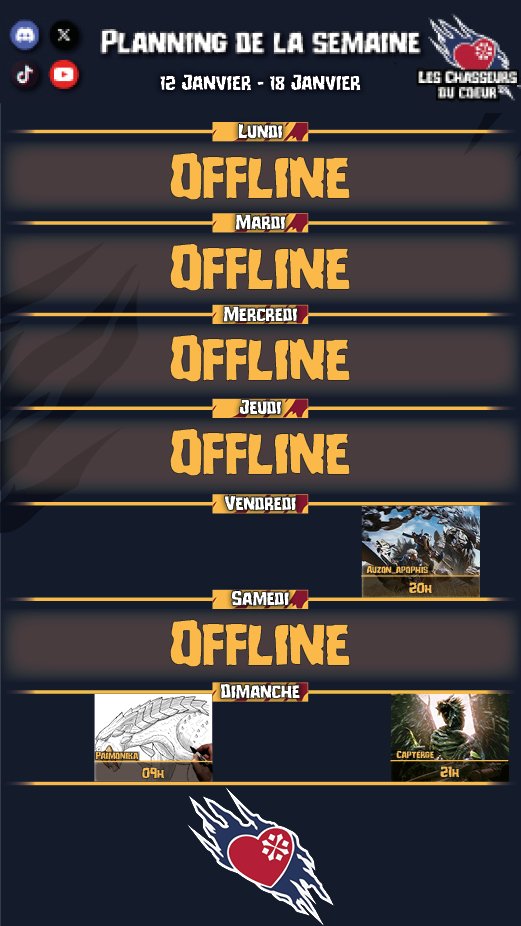 Hello les hunters, c'est l'heure du planning ! 
Vendredi à 20h, <a href="/Auzon_Apophis/">Auzon Apophis</a> vous attend sur Wilds en lobby ouvert.
Dimanche, <a href="/Paimonika/">Paimonika ~ Lunastra fan account</a> animera l'habituel stream dessin du matin, avant de passer le relais à <a href="/CDC_Capterge/">Capterge</a> le soir sur MH Dos !
Bonne semaine à tous ! 🐉