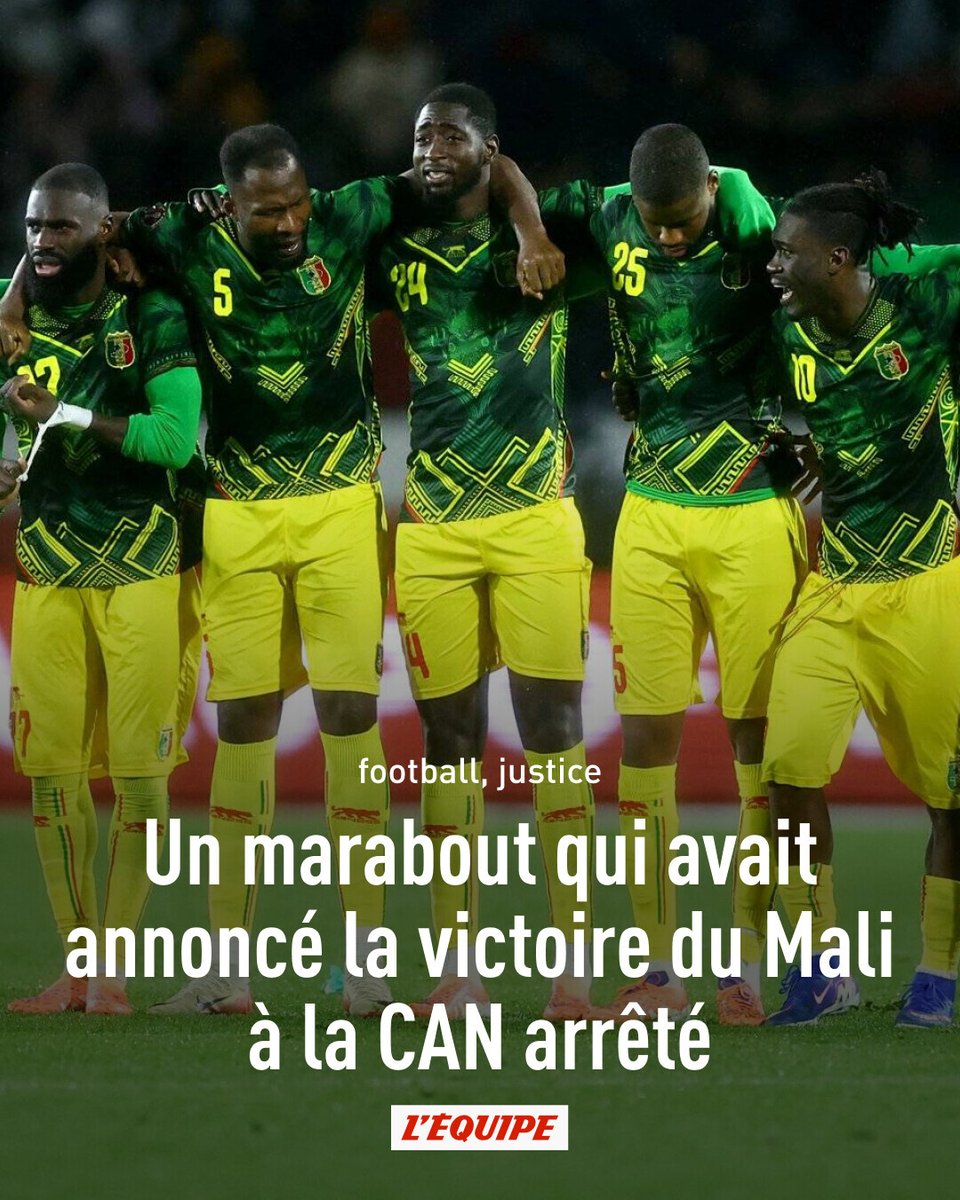 lequipe's tweet image. Un marabout qui avait récolté l'équivalent de 33 500 euros après avoir promis la victoire du Mali à la CAN a été arrêté et placé en détention ce week-end. Les Aigles ont été éliminés en quarts de finale contre le Sénégal
➡️ l.lequipe.fr/yRb