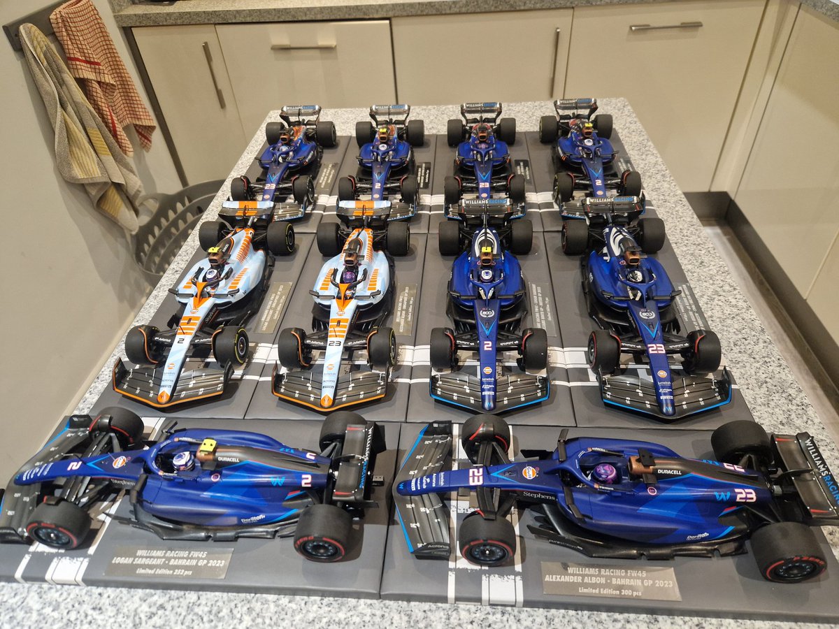 10x 1:18 Williams FW45 from the 2023 season Bahrain, Silverstone, Singapore, Cota and Las Vegas 🙂 <a href="/WilliamsF1/">Atlassian Williams F1 Team</a> <a href="/GulfOilIntl/">Gulf Oil International</a> <a href="/JV_F1/">James Vowles</a> <a href="/alex_albon/">Alex Albon</a> <a href="/LoganSargeant/">Logan Sargeant</a>