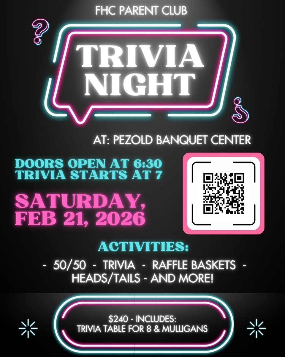 Parent Club Mtg on Tues 1/13 @ 5:30 in the Learning Commons. Join us! Also, if you haven't already done so, BOOK YOUR TRIVIA TABLE SOON! All grade levels benefit! Tables of 8 are $240 (incl. drinks, Mulligans, prizes/giveaways, &amp; fun! <a href="/FHCActivities/">FHCActivities</a> <a href="/FHCToday/">FHCToday</a> <a href="/FrancisHowell/">FrancisHowell</a>