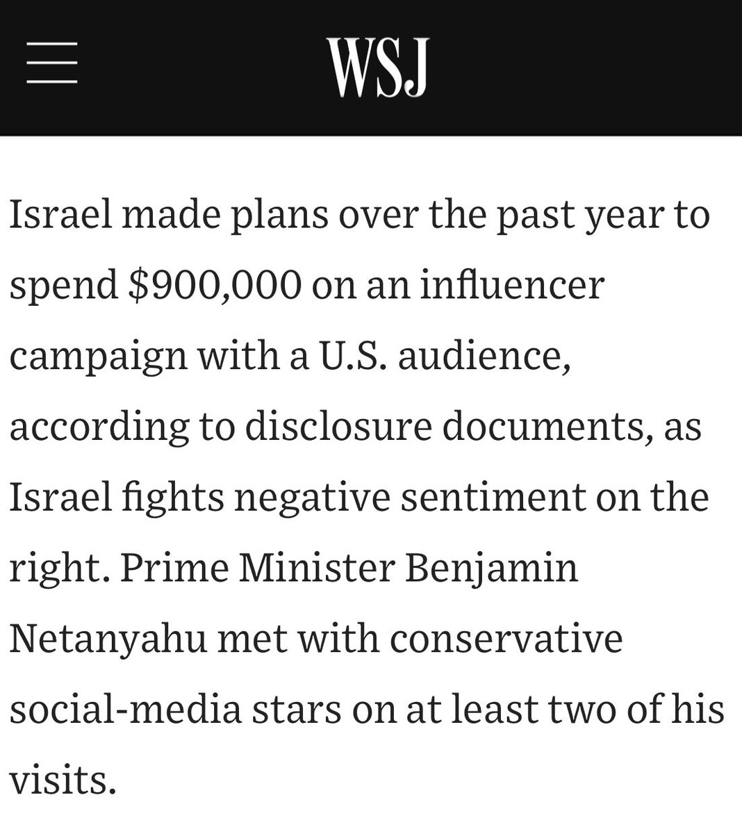 briantashman's tweet image. WSJ on Israel spending “$250,000 a month” to buy support from MAGA influencers, with Netanyahu personally courting them