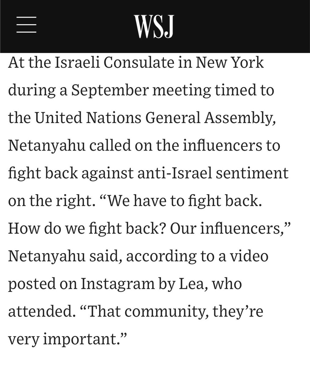 briantashman's tweet image. WSJ on Israel spending “$250,000 a month” to buy support from MAGA influencers, with Netanyahu personally courting them