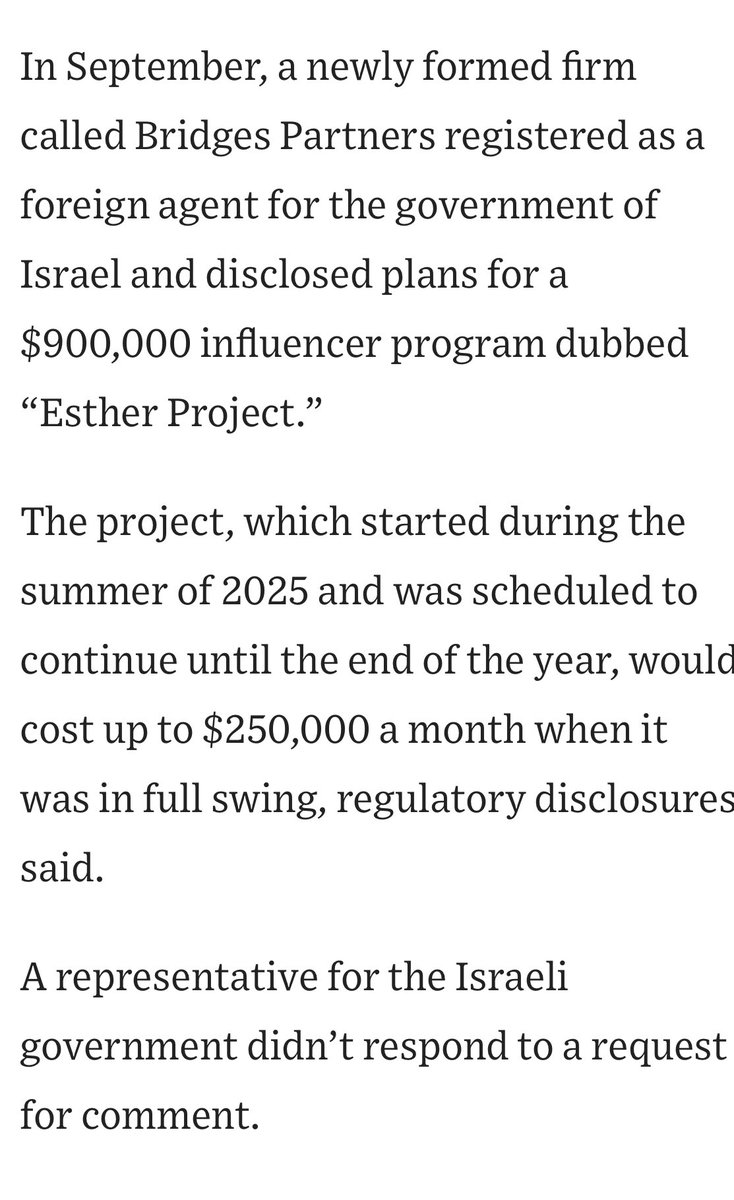 briantashman's tweet image. WSJ on Israel spending “$250,000 a month” to buy support from MAGA influencers, with Netanyahu personally courting them