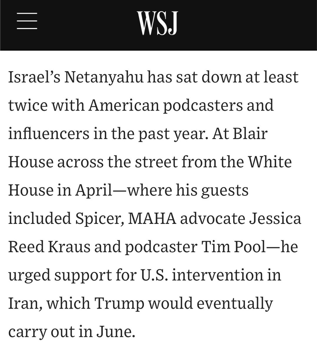 briantashman's tweet image. WSJ on Israel spending “$250,000 a month” to buy support from MAGA influencers, with Netanyahu personally courting them