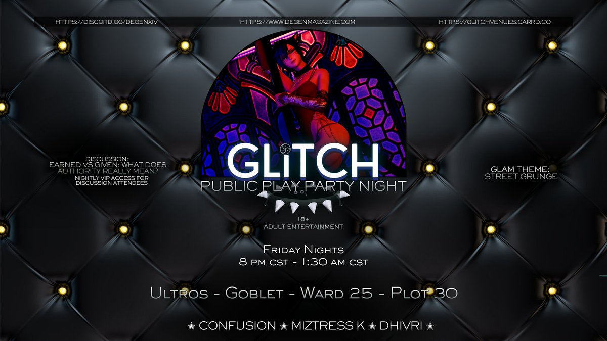 Join us this Friday for another GLiTCH Friday Night! We've got Immersive RP, DJs to soundtrack the night, and all sorts of fun and goodies! Join us for Discussion at 8PM CST and you'll get VIP For the night!
discord.gg/degenxiv glitchvenues.carrd.co/#glitch 
partake.gg/events/51884