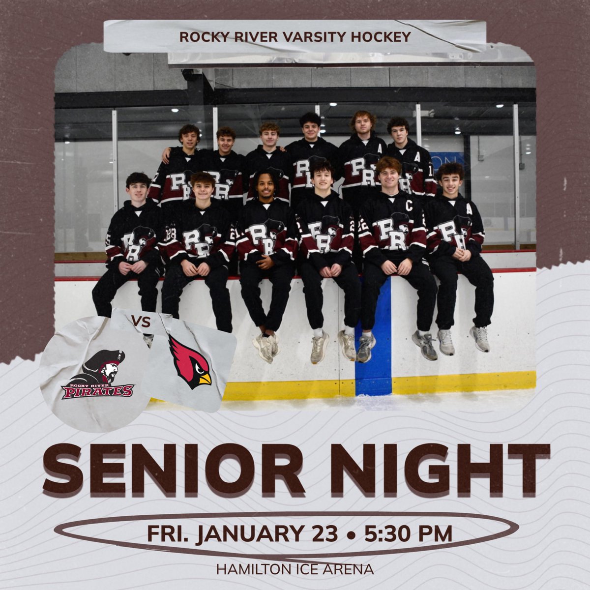 Save the date! 🗓️ Come out and support our 12 seniors for Senior Night on Friday, January 23 vs Mentor at The Ham! 🏒 Cheer on the Pirates for their final home game of the season. #gopirates🏴‍☠️