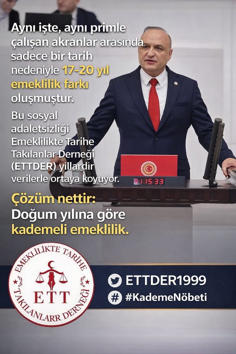 20 yıl emeklilik farkı oluşmuştur.
Bu açık sosyal adaletsizliği, Emeklilikte Tarihe Takılanlar Derneği (ETTDER) yıllardır somut verilerle ortaya koymaktadır.

Çözüm nettir:
Doğum yılına göre kademeli emeklilik.
<a href="/bulentyayla28/">BÜLENT</a> 
<a href="/ETTDER1999/">🧭 EMEKLİLİKTE TARİHE TAKILANLAR DERNEĞİ</a>
#KademeNöbeti