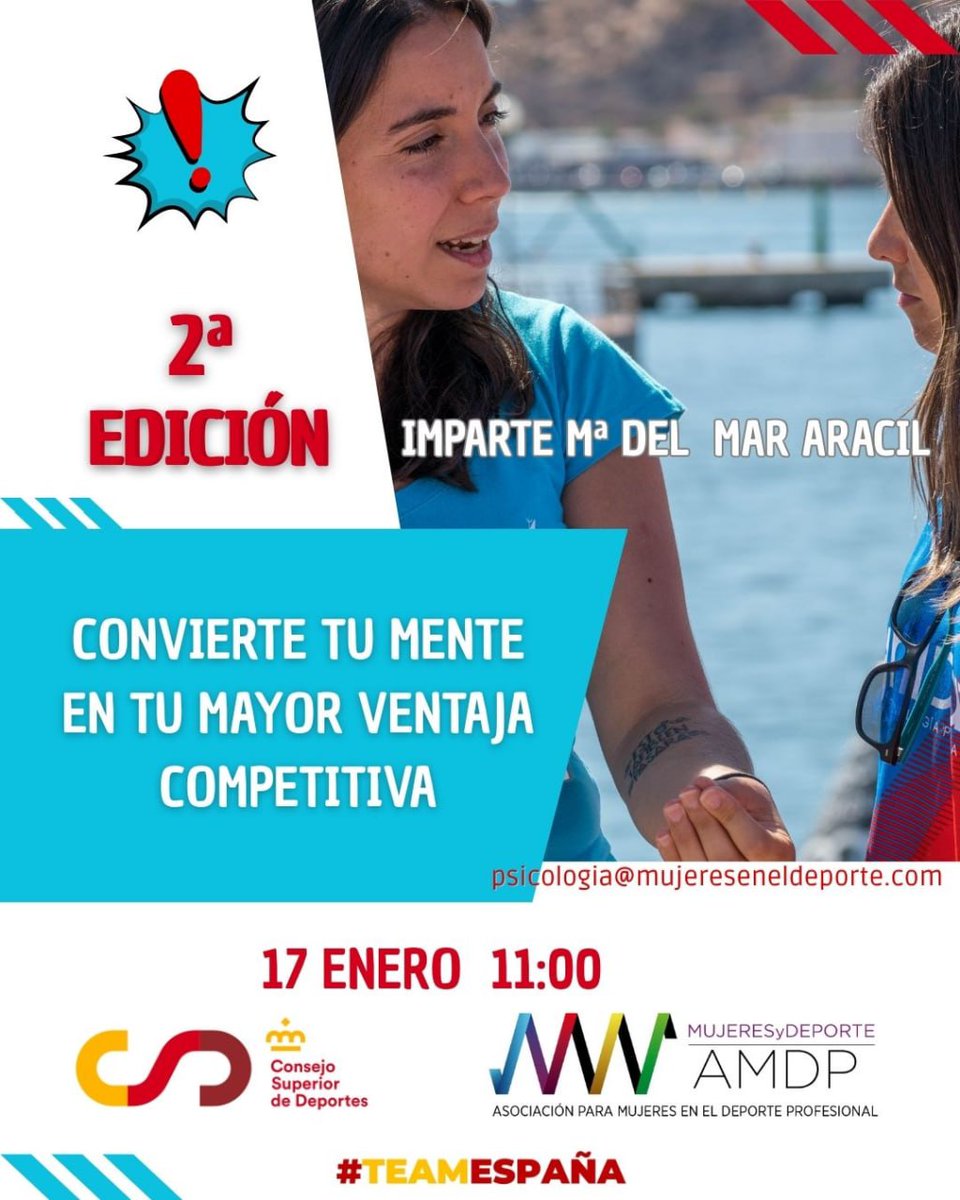🙋🏻‍♀️Este sábado hay nuevo taller de psicología deportiva.

🥰Ya sabes que por ser parte de la AMDP tienes plaza, y también si eres de #TeamEspaña

🪬Apúntate en psicologia@mujereseneldeporte.com
mujereseneldeporte.com/servicio-de-at…

Son gratuitos gracias a@deportegob