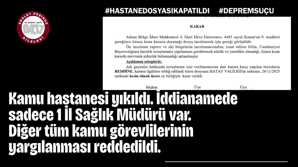 Bu ülkede hastaneler çökerken dosyalar kapatılıyor. Enkaz altında kalan yalnızca insanlar değil, adalettir. Kamu görevlilerinin yargılanmasını engelleyen her karar, yeni ölümlerin açık davetiyesidir.
#HastaneDosyasıKapatıldı #DepremSuçu