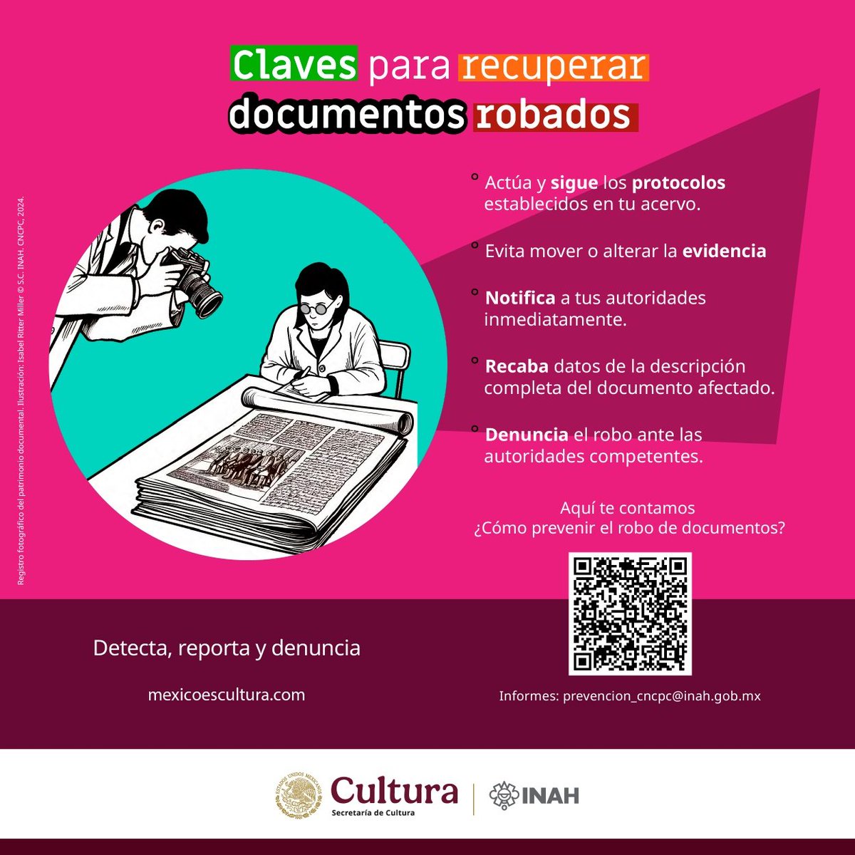 Aquí te contamos ¿Cómo prevenir el robo de documentos? 📜 Ante un robo documental, sigue los protocolos, conserva la evidencia y notifica de inmediato.  

¡La rapidez también protege la memoria!  

prevencion_cncpc@inah.gob.mx 📩