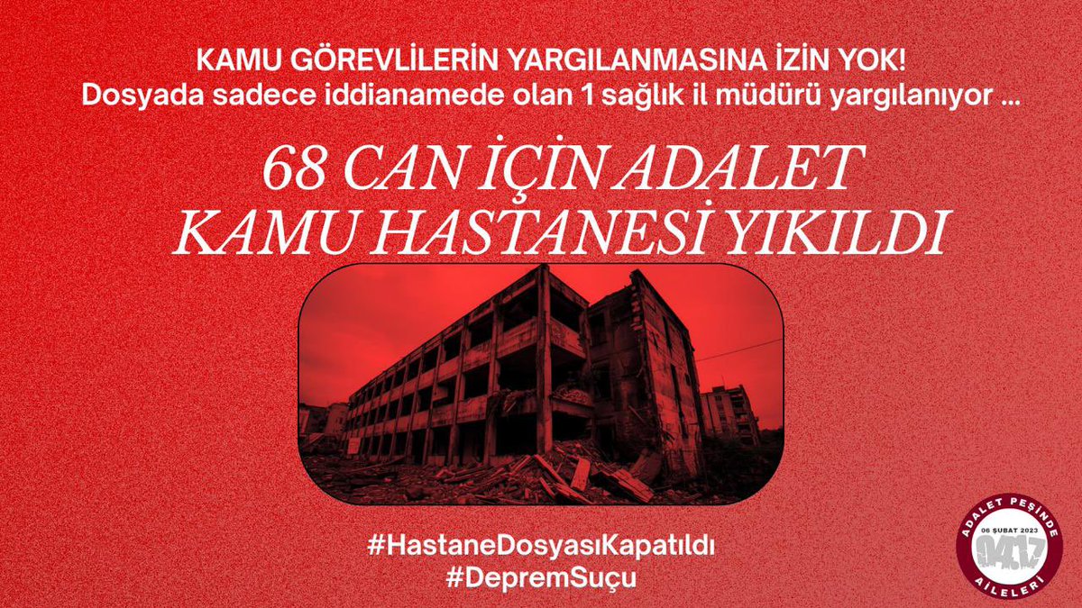 Depremde yıkılan kamu hastanesiyle ilgili
sorumluluk zinciri araştırılmadan
dosya kapatıldı.

Bu bir adalet sorunudur.
#HastaneDosyasıKapatıldı
#DepremSuçu